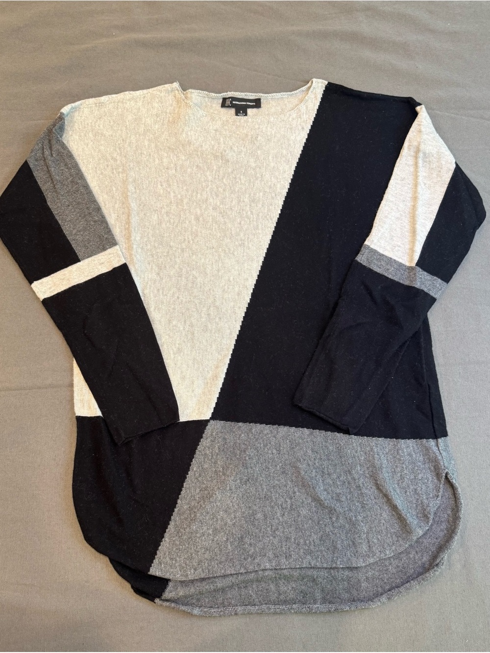 INC Women's Small Black, Gray Geometric Pattern Sweater Long Sleeve Cotton Blend